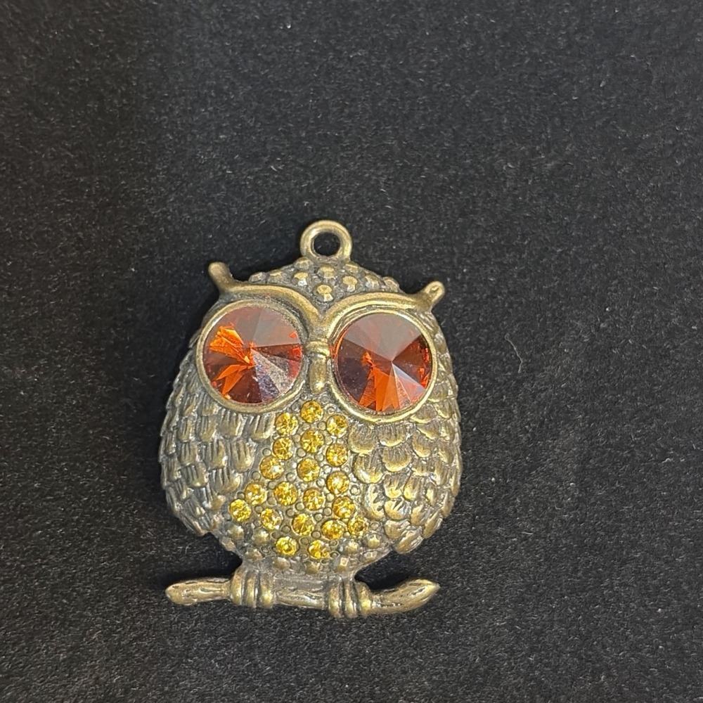 Vintage Owl Rhinestone Pendent Amber Rhinestone Burnished Metal Antique Brass